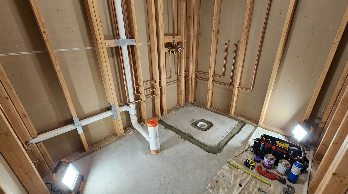 Bathroom rough-in plumbing during remodel by Johns Plumbing LLC in Wyckoff