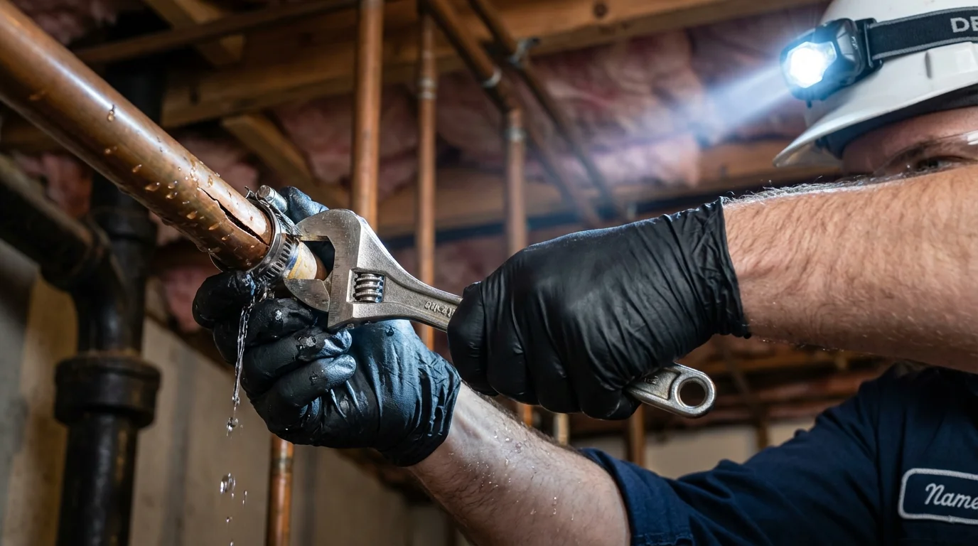 Emergency pipe clamp repair being performed by a Johns Plumbing LLC plumber in Wyckoff