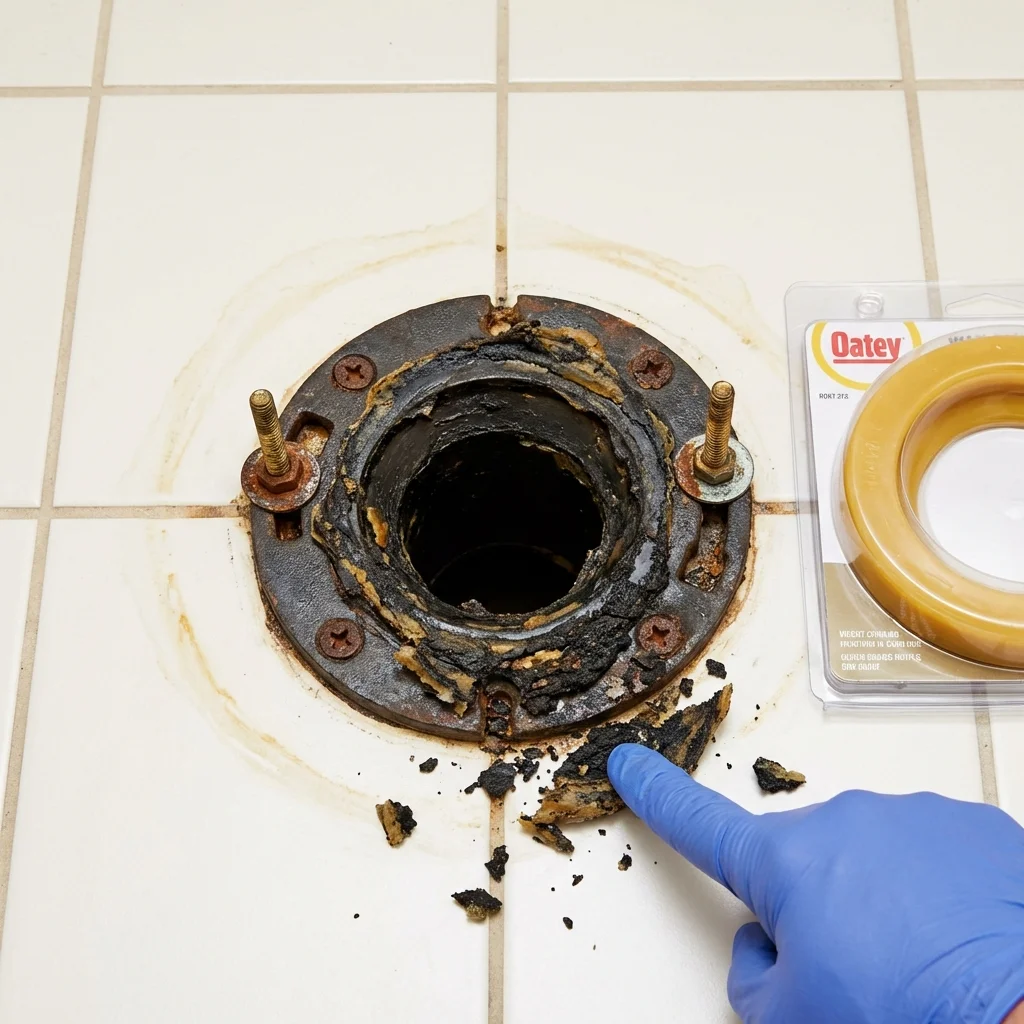 Failed wax ring showing water seepage at the base of a toilet in a Wyckoff, NJ home