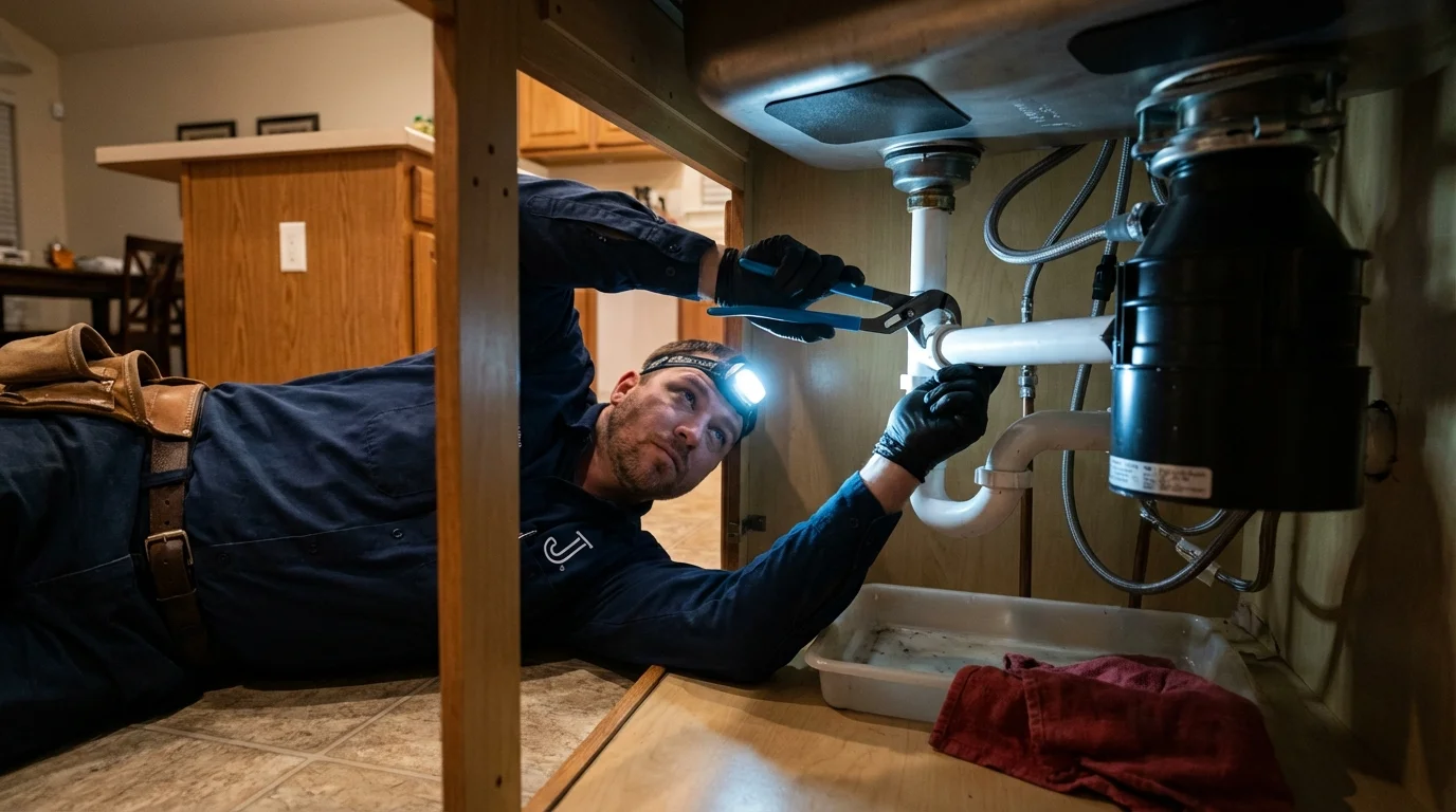 P-trap and supply line connections under a kitchen sink showing a common leak point in Wyckoff, NJ